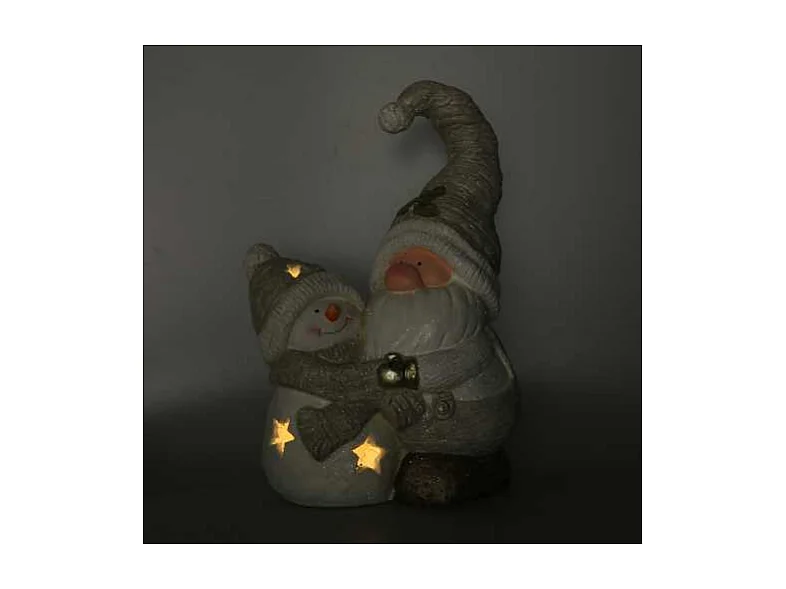 Gnomo resina e pupazzo di neve grigiocon led cm 27,5x18,5h42