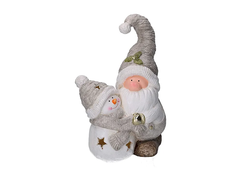Gnomo resina e pupazzo di neve grigiocon led cm 27,5x18,5h42