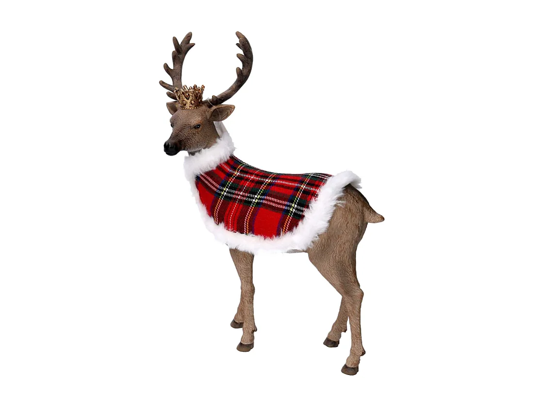Renna resina con mantello scozzese e corona naturale cm 25,8x12,1h34,8