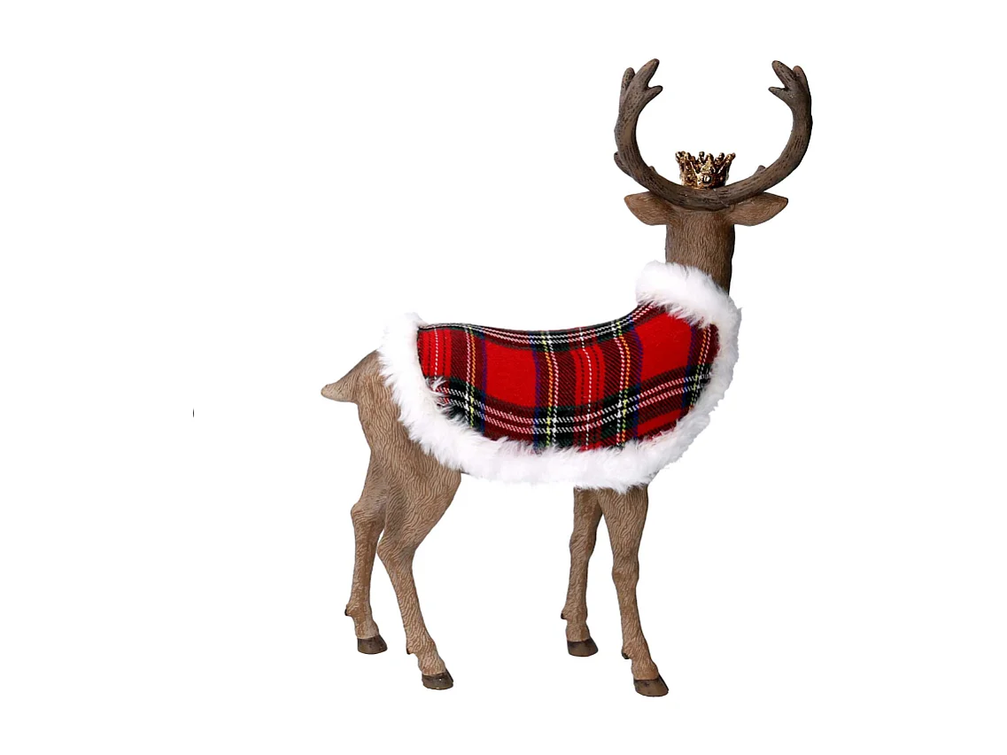 Renna resina con mantello scozzese e corona naturale cm 25,8x12,1h34,8