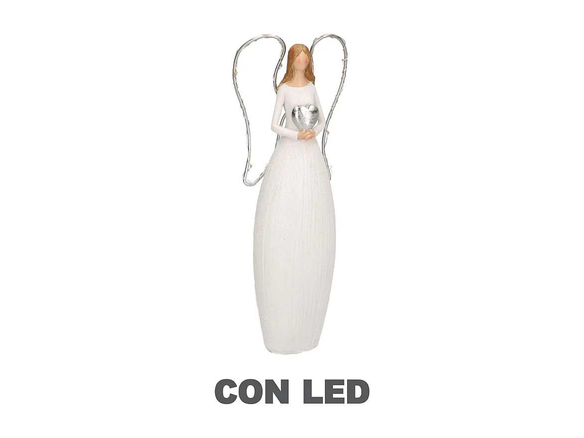 Angelo resina bianco con led e cuore cm 10x5h24