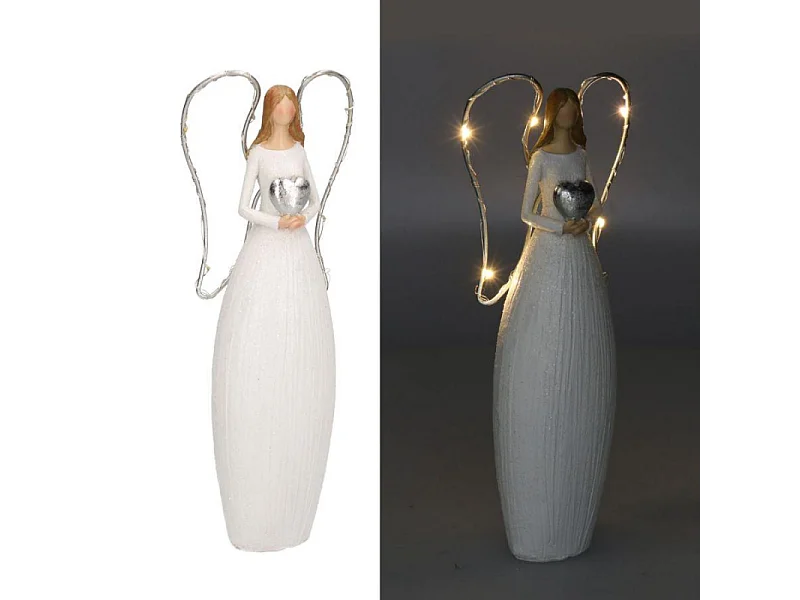 Angelo resina bianco con led e cuore cm 10x5h24