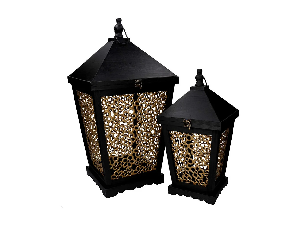 Lanterna legno 1-2 fiori oro e nero cm 32x32h62