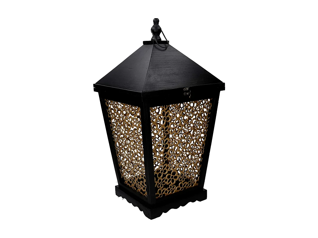 Lanterna legno 1-2 fiori oro e nero cm 32x32h62