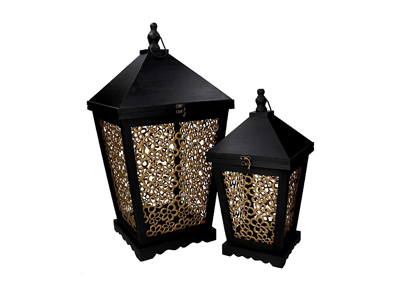 Lanterna legno 1-2 fiori oro e nero cm 32x32h62