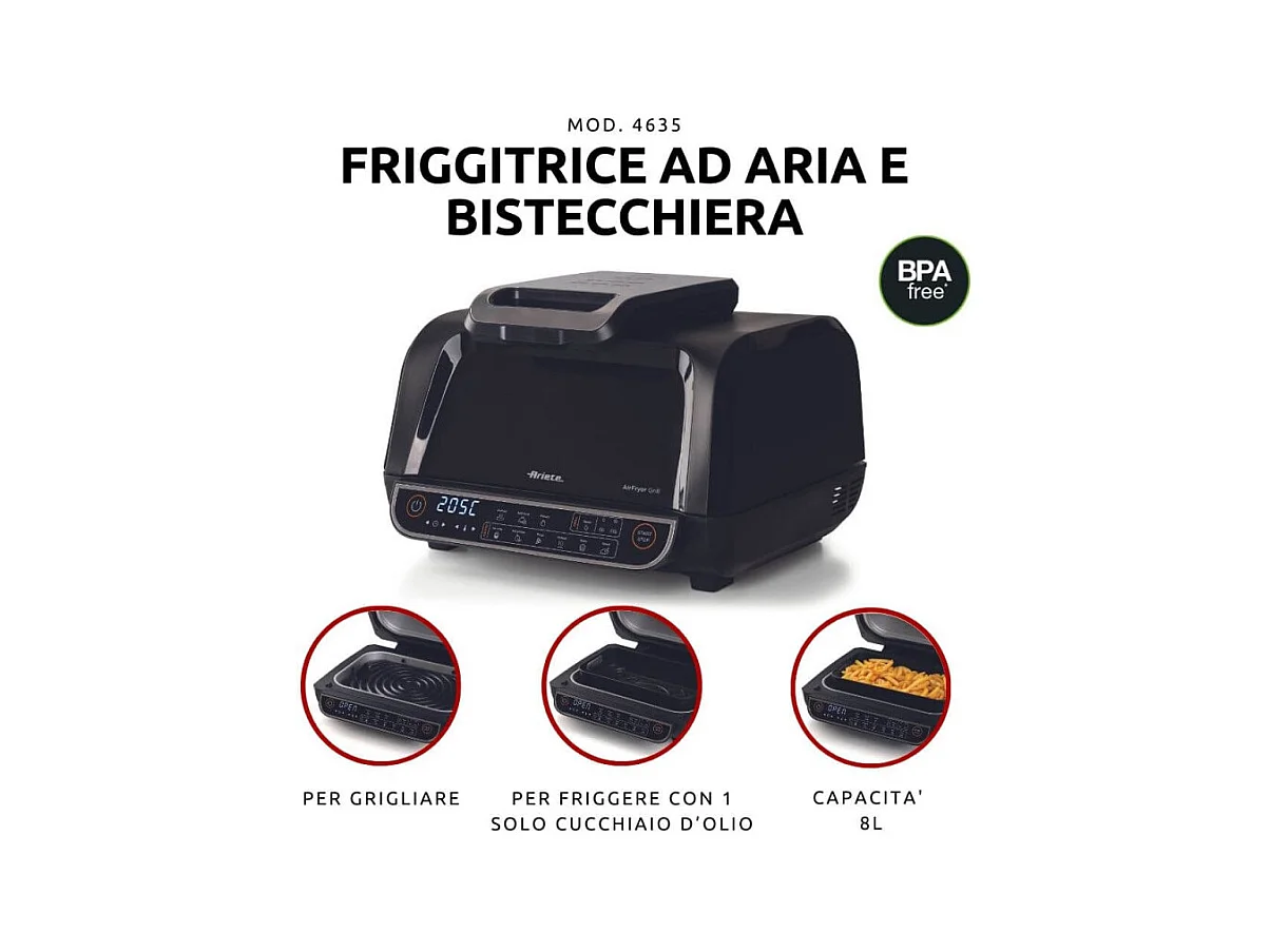 Friggitrice ad aria e Griglia 1700W - 8L - 8 funzioni di cottura - Nero