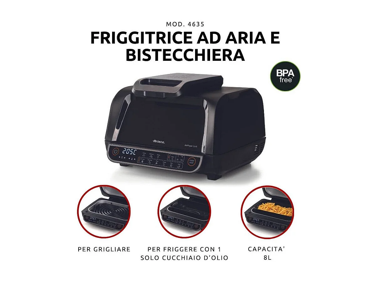 Ariete 4635 Air Fryer Grill, Friteuse à air et gril, Poêle à steak, 1700 W, Capacité 8 L, Frire et griller, 8 fonctions de cuisson, Minuterie, Noir