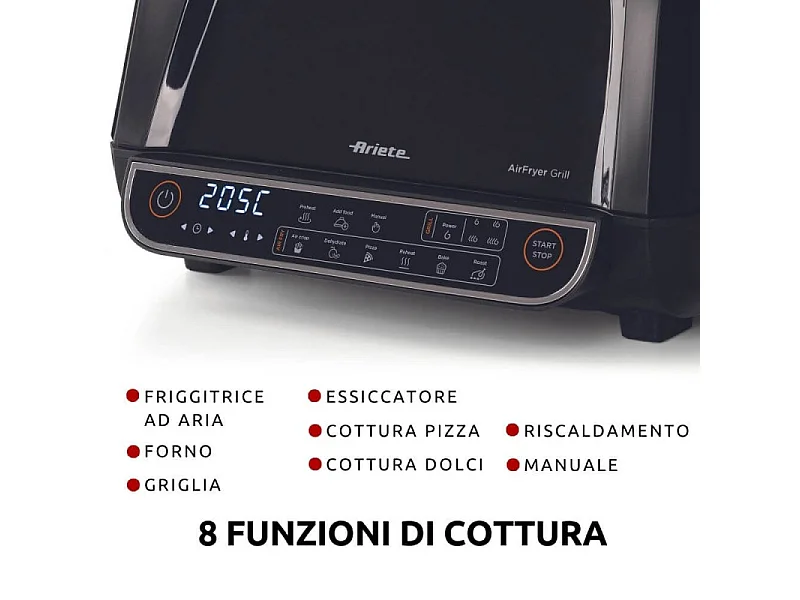 Ariete 4635 Air Fryer Grill, Friteuse à air et gril, Poêle à steak, 1700 W, Capacité 8 L, Frire et griller, 8 fonctions de cuisson, Minuterie, Noir