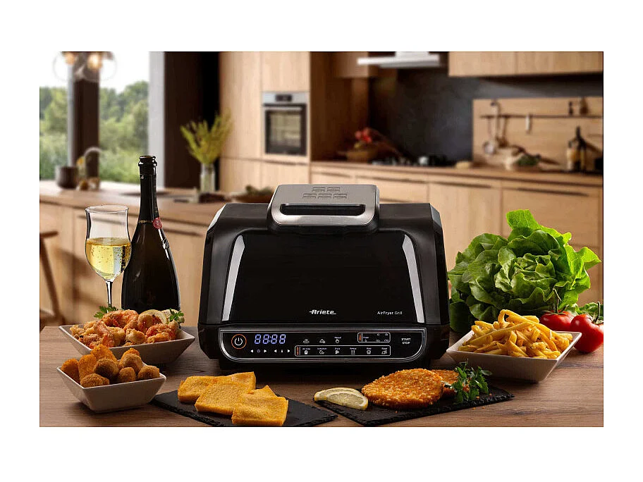 Ariete 4635 Air Fryer Grill, Friteuse à air et gril, Poêle à steak, 1700 W, Capacité 8 L, Frire et griller, 8 fonctions de cuisson, Minuterie, Noir