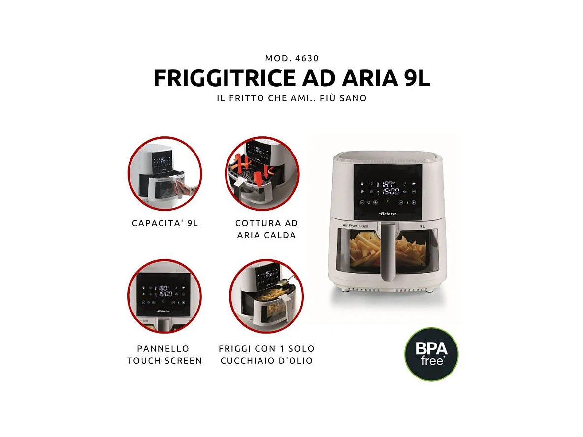 Friggitrice ad aria 9L 1500W - 8 programmi - Cestello trasparente - Bianco