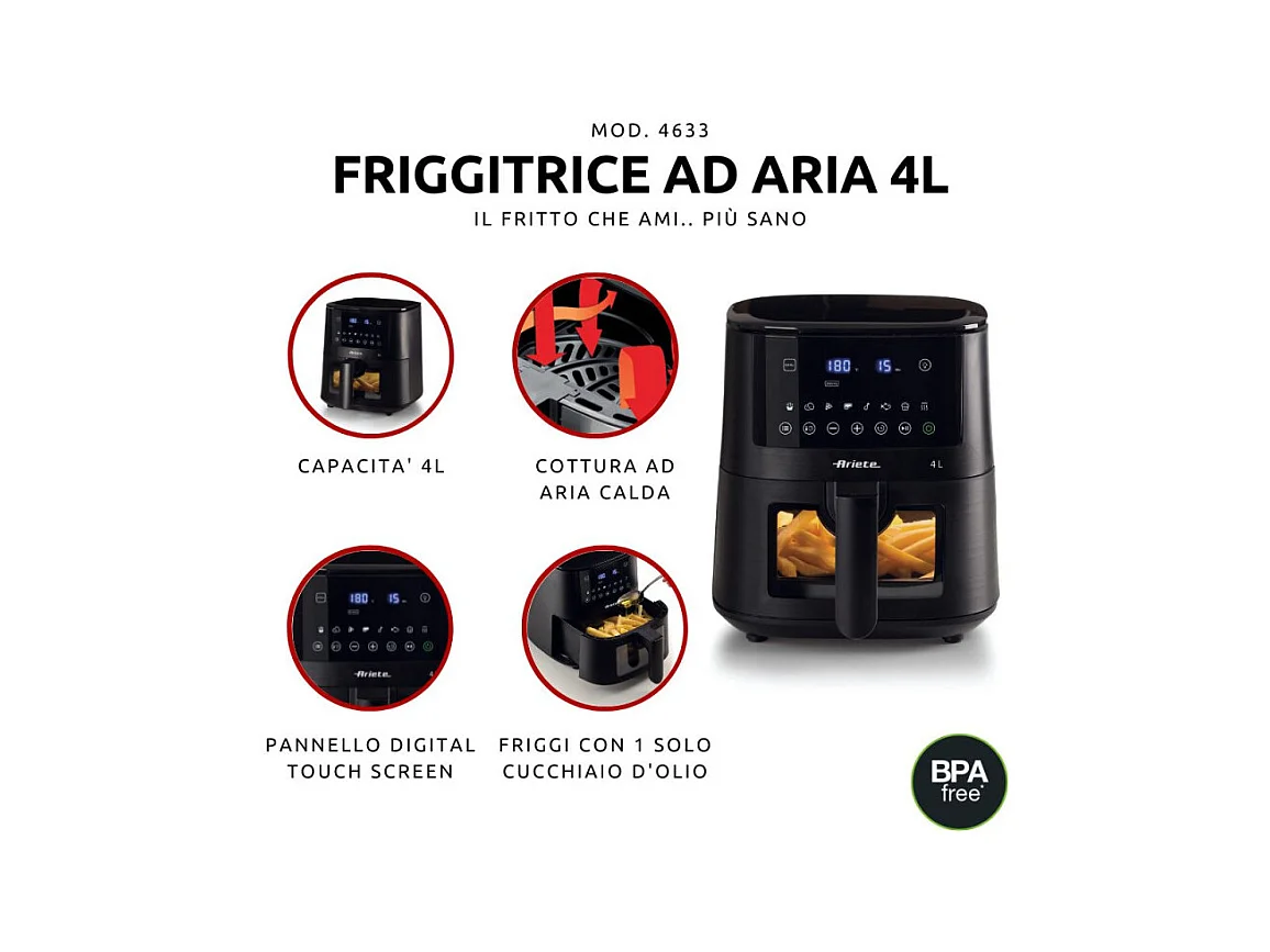 Friggitrice ad aria 4L 1400W - 9 programmi - Funzione Shake e Grill - Nero