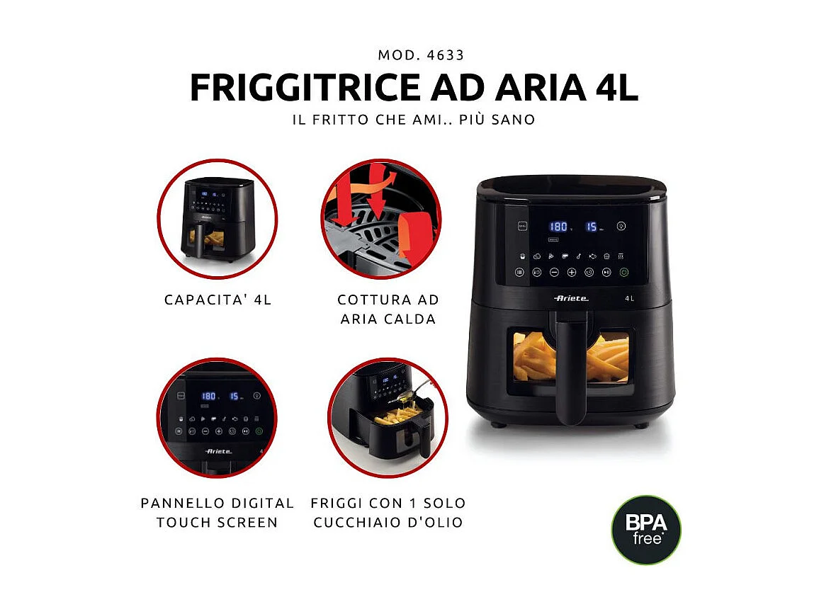 Friggitrice ad aria 4L 1400W - 9 programmi - Funzione Shake e Grill - Nero