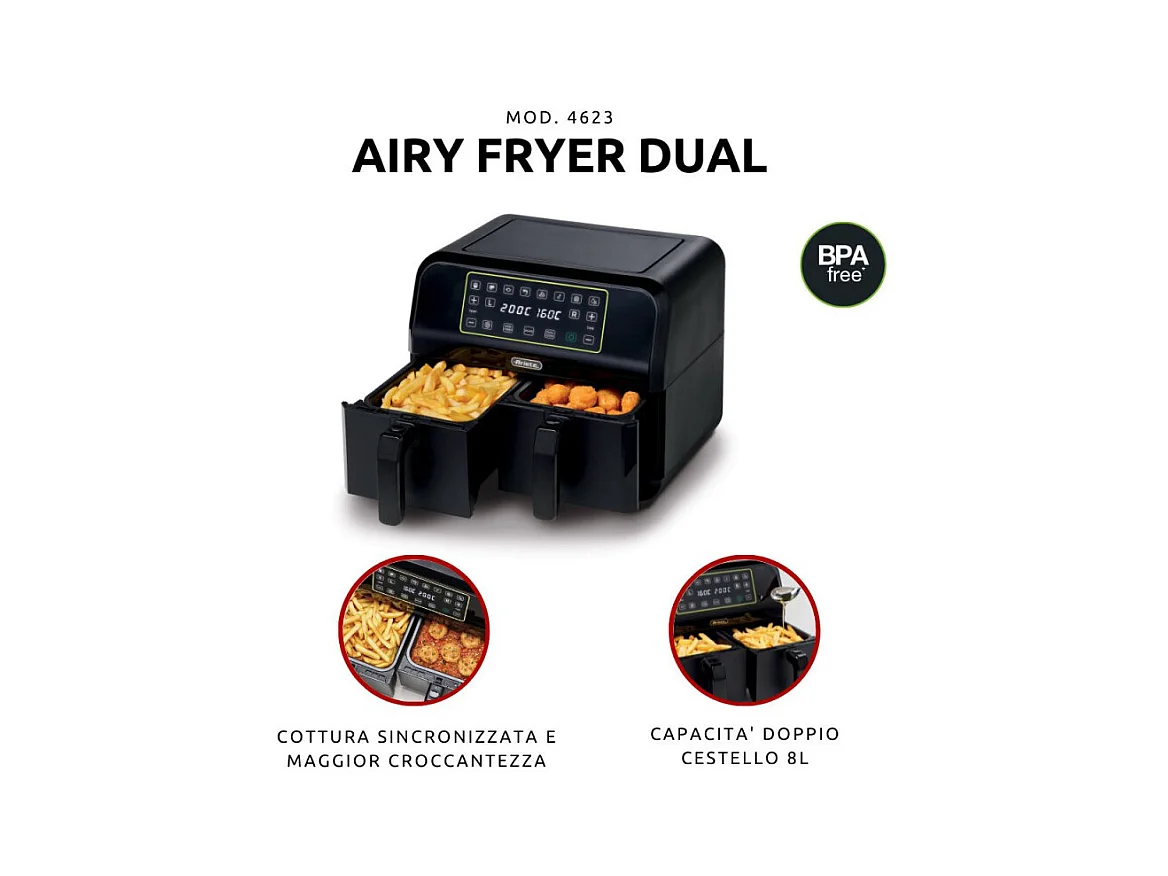 Friggitrice ad aria 1700W con doppio cestello, 8L - 3 funzioni di cottura, pannello digitale LED - Nero