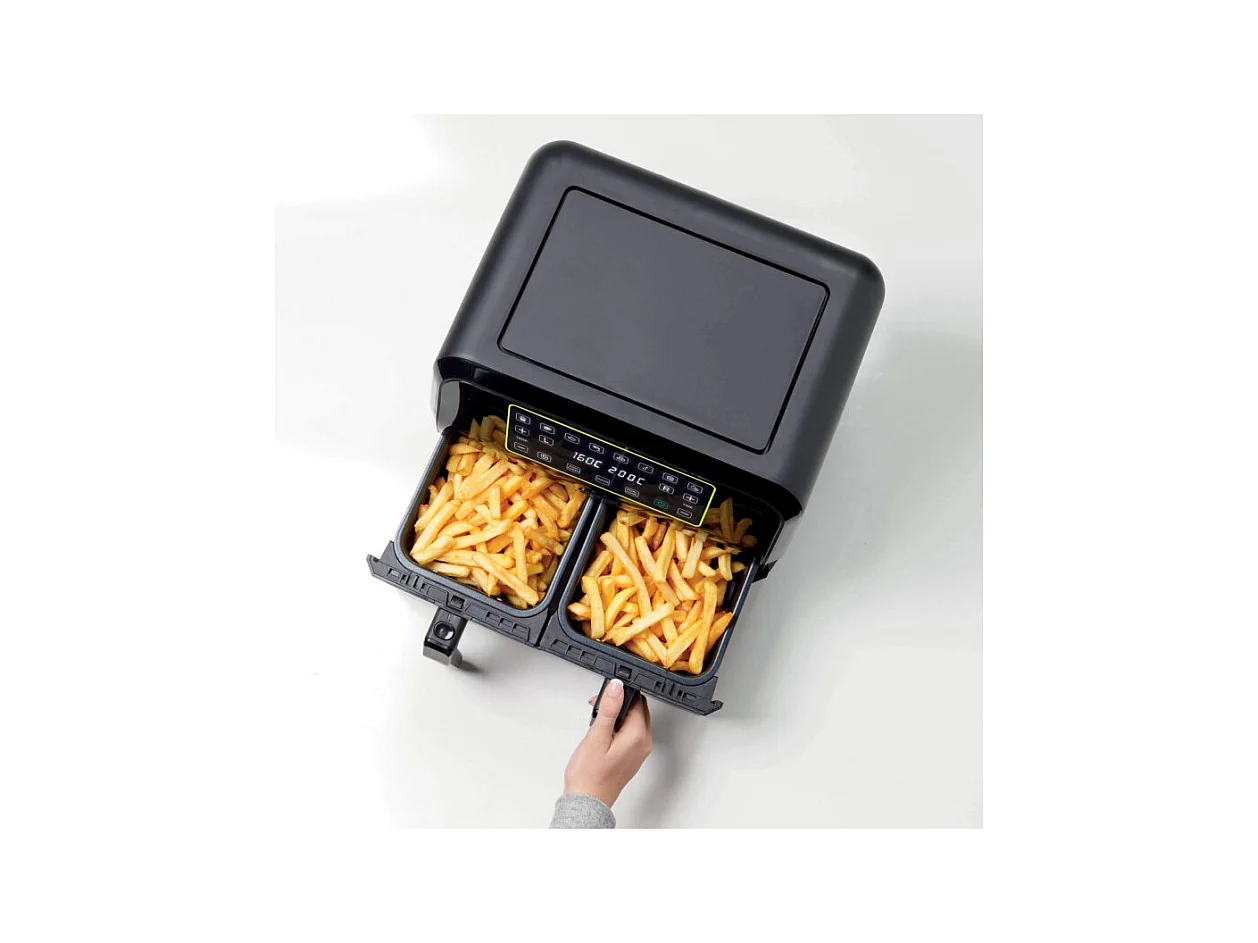 Friggitrice ad aria 1700W con doppio cestello, 8L - 3 funzioni di cottura, pannello digitale LED - Nero