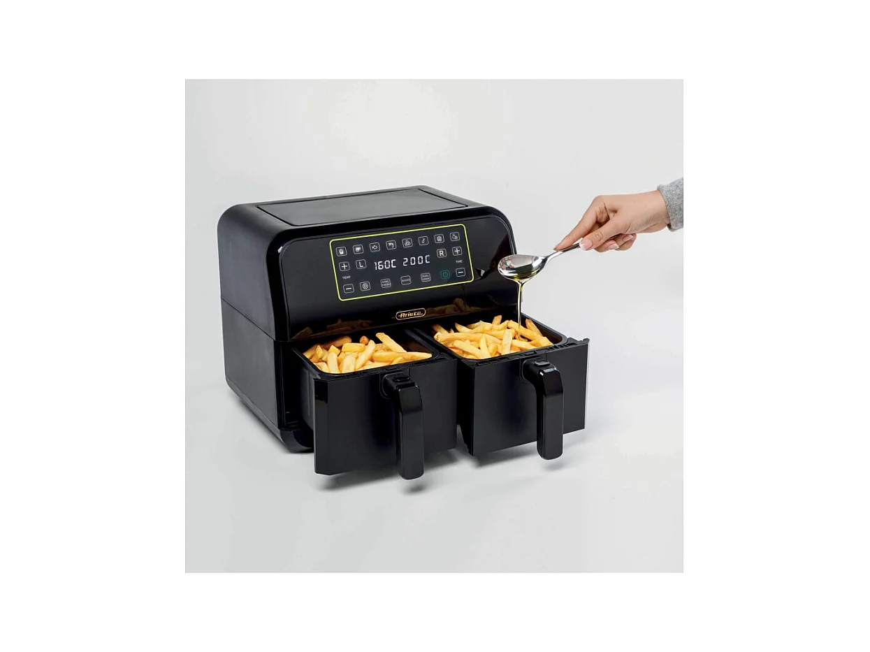 Friggitrice ad aria 1700W con doppio cestello, 8L - 3 funzioni di cottura, pannello digitale LED - Nero