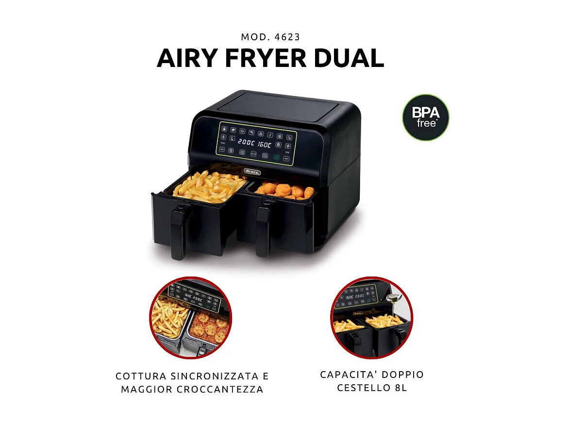 Ariete 4623 Airy Fryer Friteuse à air double avec double panier 1700 W 8 L Multifonction Noir