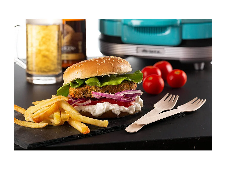 Macchina per fare hamburger 1200W, doppie piastre antiaderenti, 2 scomparti - Celeste