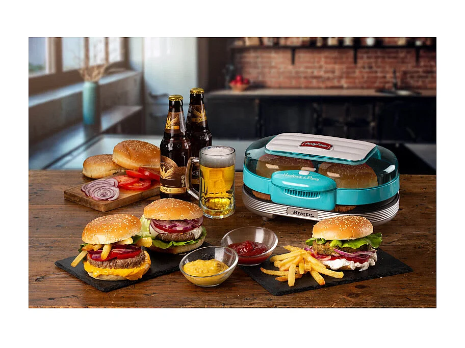 Macchina per fare hamburger 1200W, doppie piastre antiaderenti, 2 scomparti - Celeste