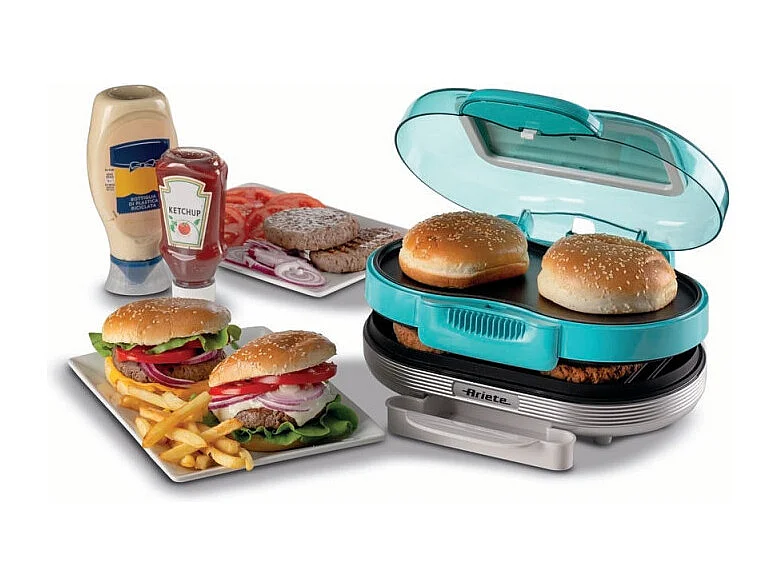Macchina per fare hamburger 1200W, doppie piastre antiaderenti, 2 scomparti - Celeste