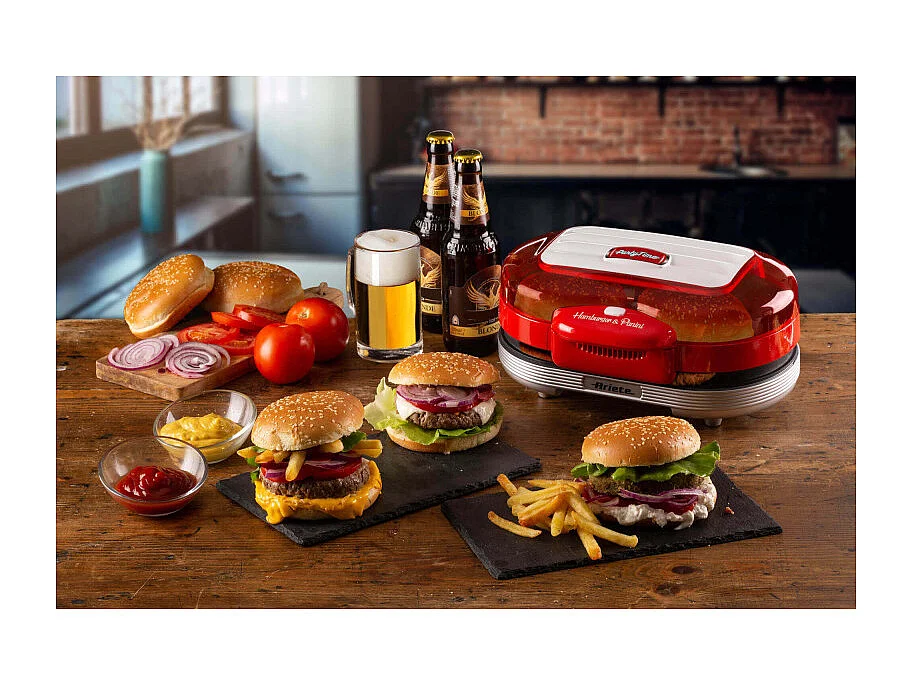 Macchina per fare hamburger 1200W, doppie piastre antiaderenti, 2 scomparti - Rosso