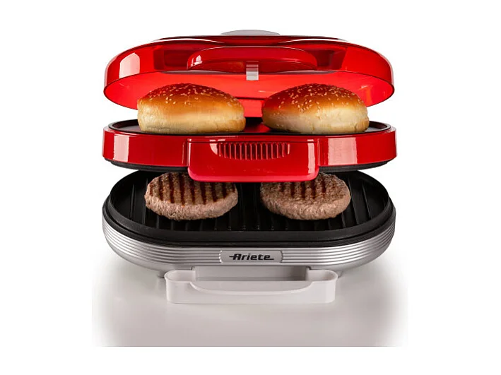 Macchina per fare hamburger 1200W, doppie piastre antiaderenti, 2 scomparti - Rosso
