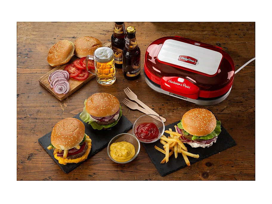 Macchina per fare hamburger 1200W, doppie piastre antiaderenti, 2 scomparti - Rosso