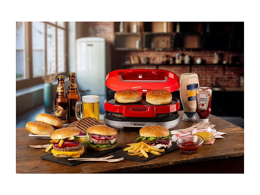 Macchina per fare hamburger 1200W, doppie piastre antiaderenti, 2 scomparti - Rosso