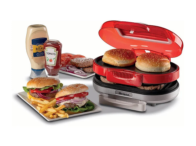 Macchina per fare hamburger 1200W, doppie piastre antiaderenti, 2 scomparti - Rosso