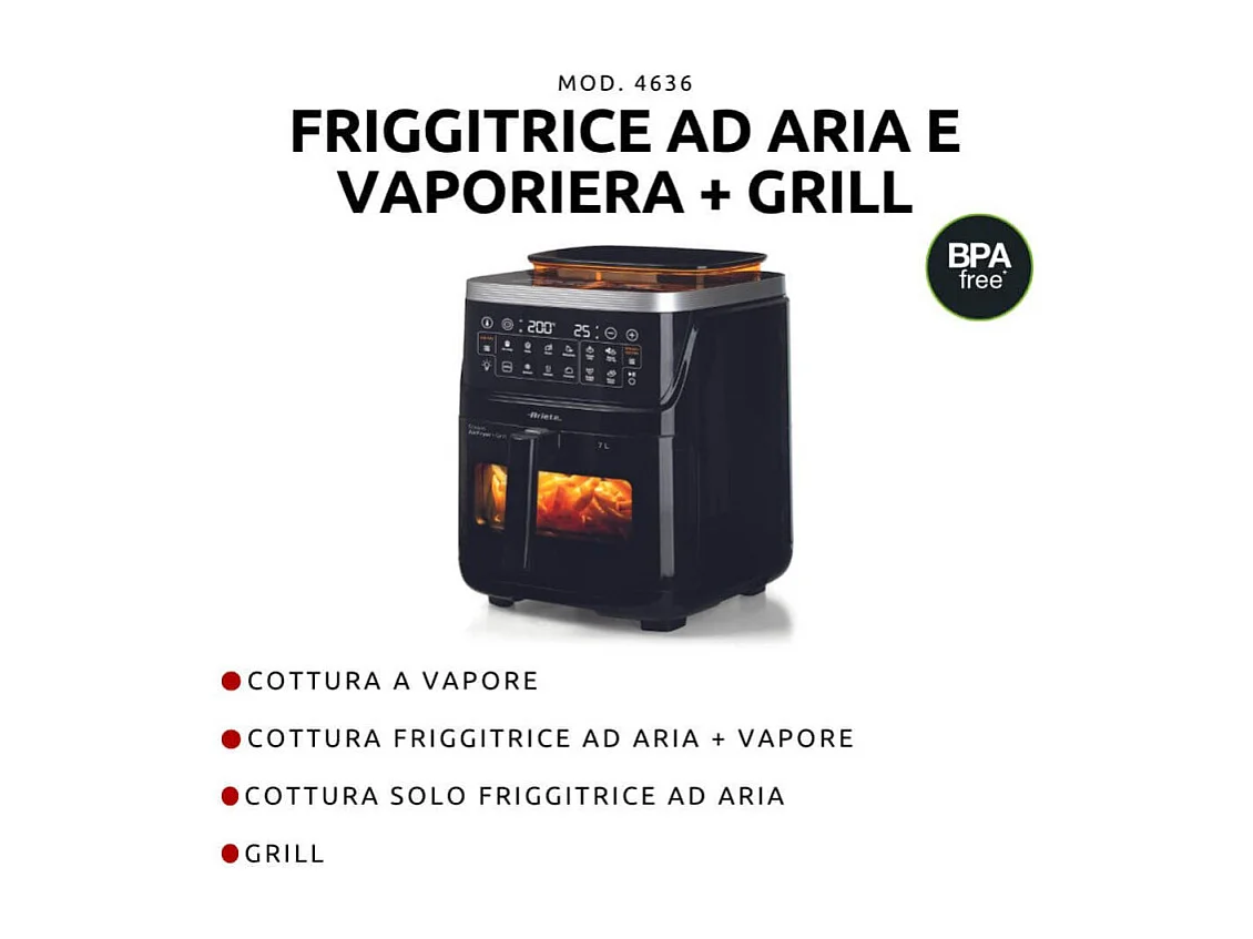 Ariete 4636 Friteuse à air avec fonction vapeur Grill, 1700W, Fonction séchage, 10 fonctions de cuisson, Panier transparent, Minuterie, Éclairage intérieur, Noir