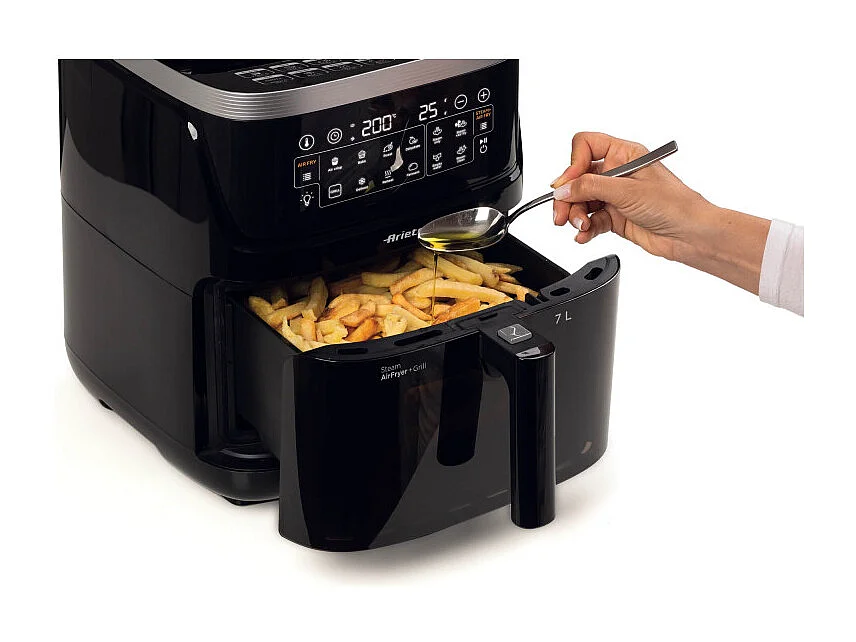 Ariete 4636 Friteuse à air avec fonction vapeur Grill, 1700W, Fonction séchage, 10 fonctions de cuisson, Panier transparent, Minuterie, Éclairage intérieur, Noir