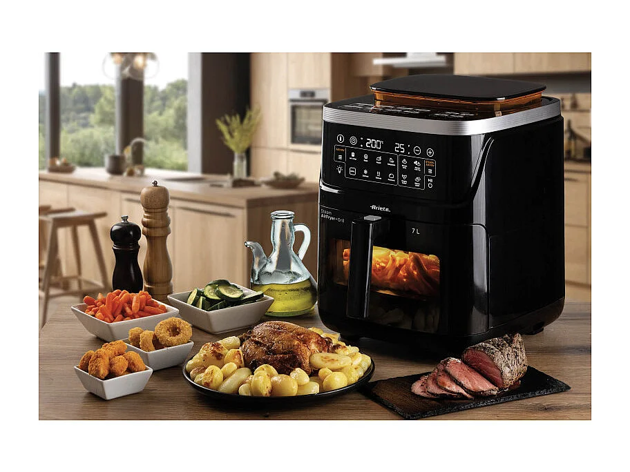 Ariete 4636 Friteuse à air avec fonction vapeur Grill, 1700W, Fonction séchage, 10 fonctions de cuisson, Panier transparent, Minuterie, Éclairage intérieur, Noir