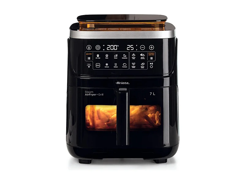 Ariete 4636 Friteuse à air avec fonction vapeur Grill, 1700W, Fonction séchage, 10 fonctions de cuisson, Panier transparent, Minuterie, Éclairage intérieur, Noir