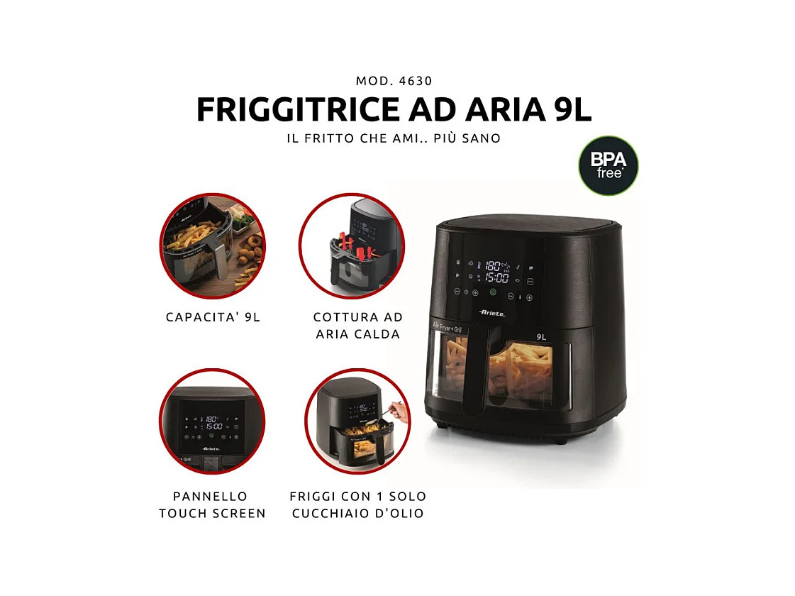 Friggitrice ad aria 9L 1500W - 8 programmi - Cestello trasparente - Nero