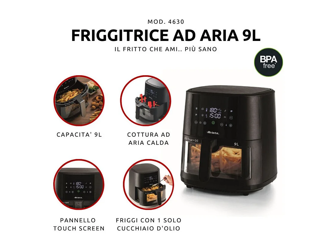 Friggitrice ad aria 9L 1500W - 8 programmi - Cestello trasparente - Nero
