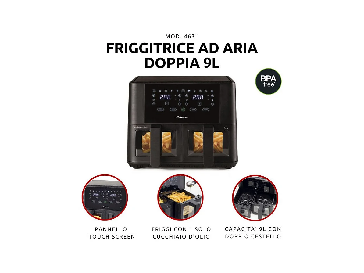 Friggitrice ad aria Doppia 9L 2400W - 11 programmi - Multifunzione - Nero