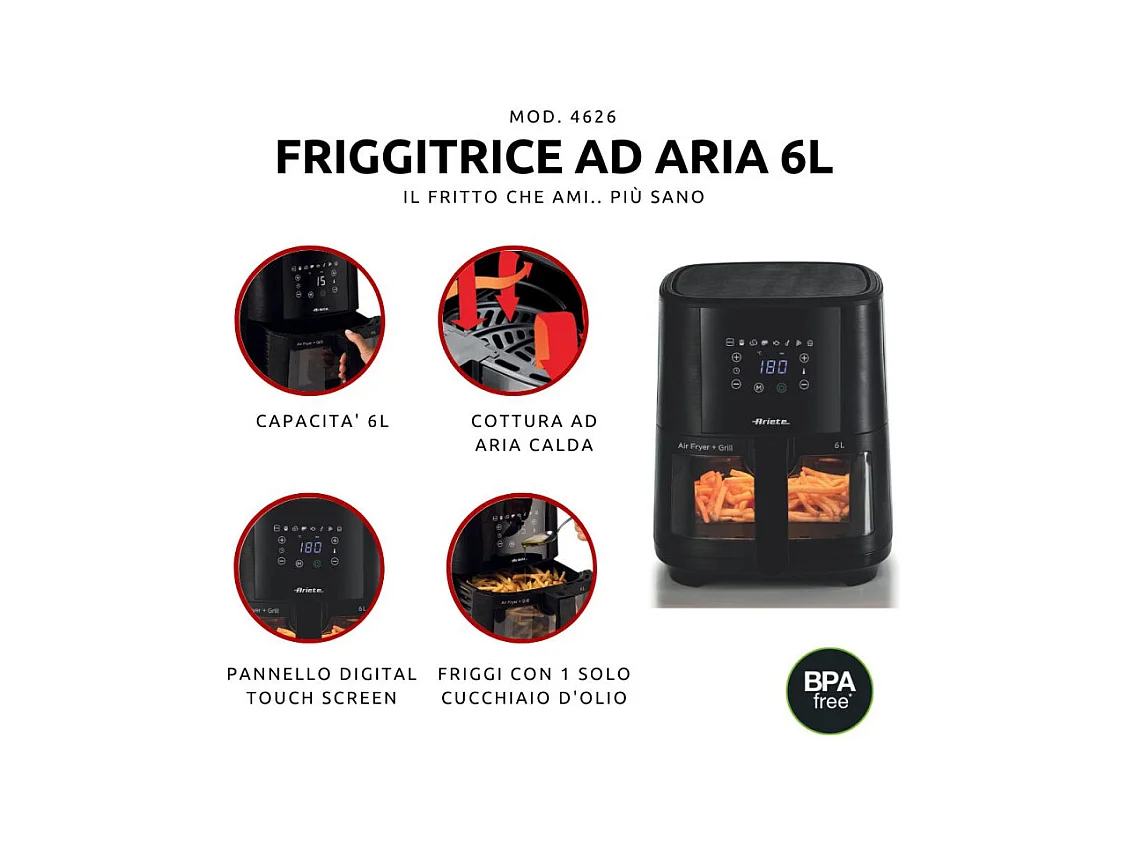 Friggitrice ad aria 1300W, 6L, 2,5kg, 8 programmi preimpostati, cestello trasparente - Nero
