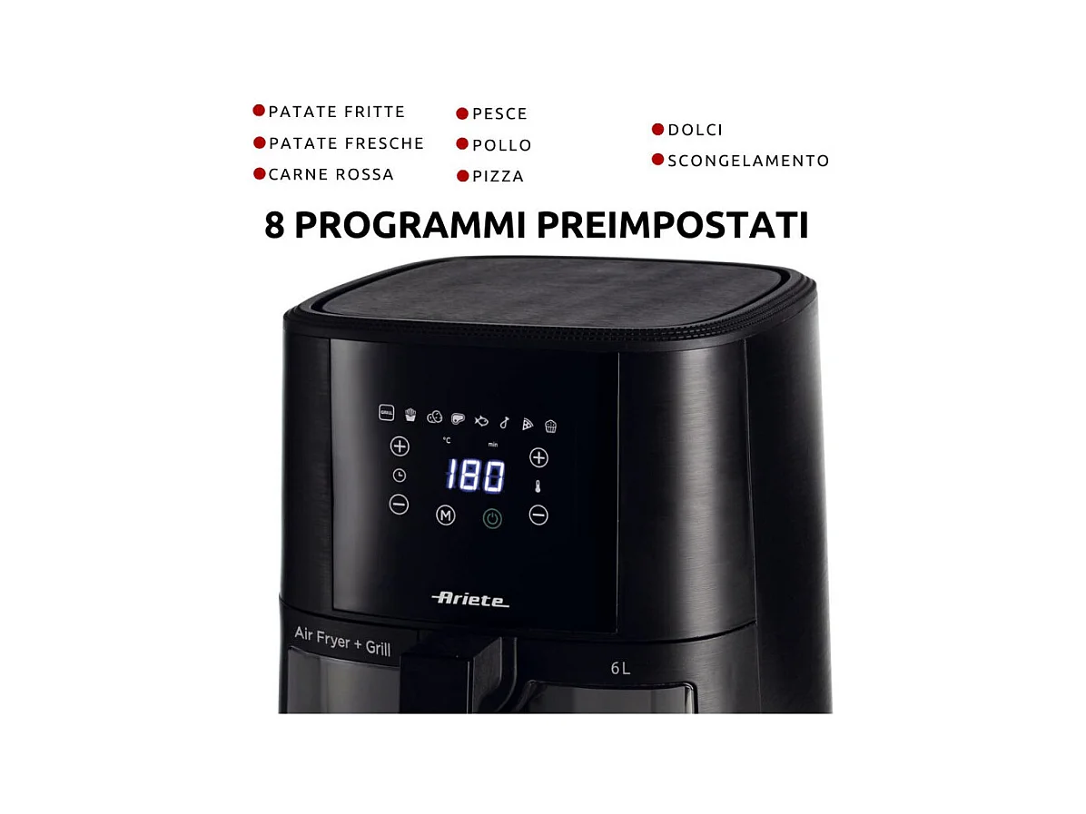 Friggitrice ad aria 1300W, 6L, 2,5kg, 8 programmi preimpostati, cestello trasparente - Nero