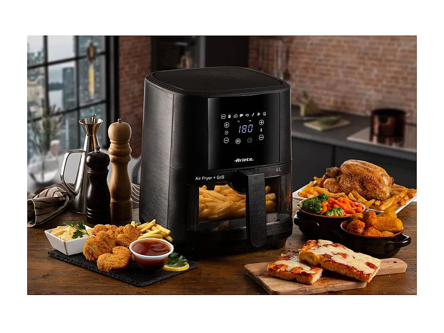 Friggitrice ad aria 1300W, 6L, 2,5kg, 8 programmi preimpostati, cestello trasparente - Nero