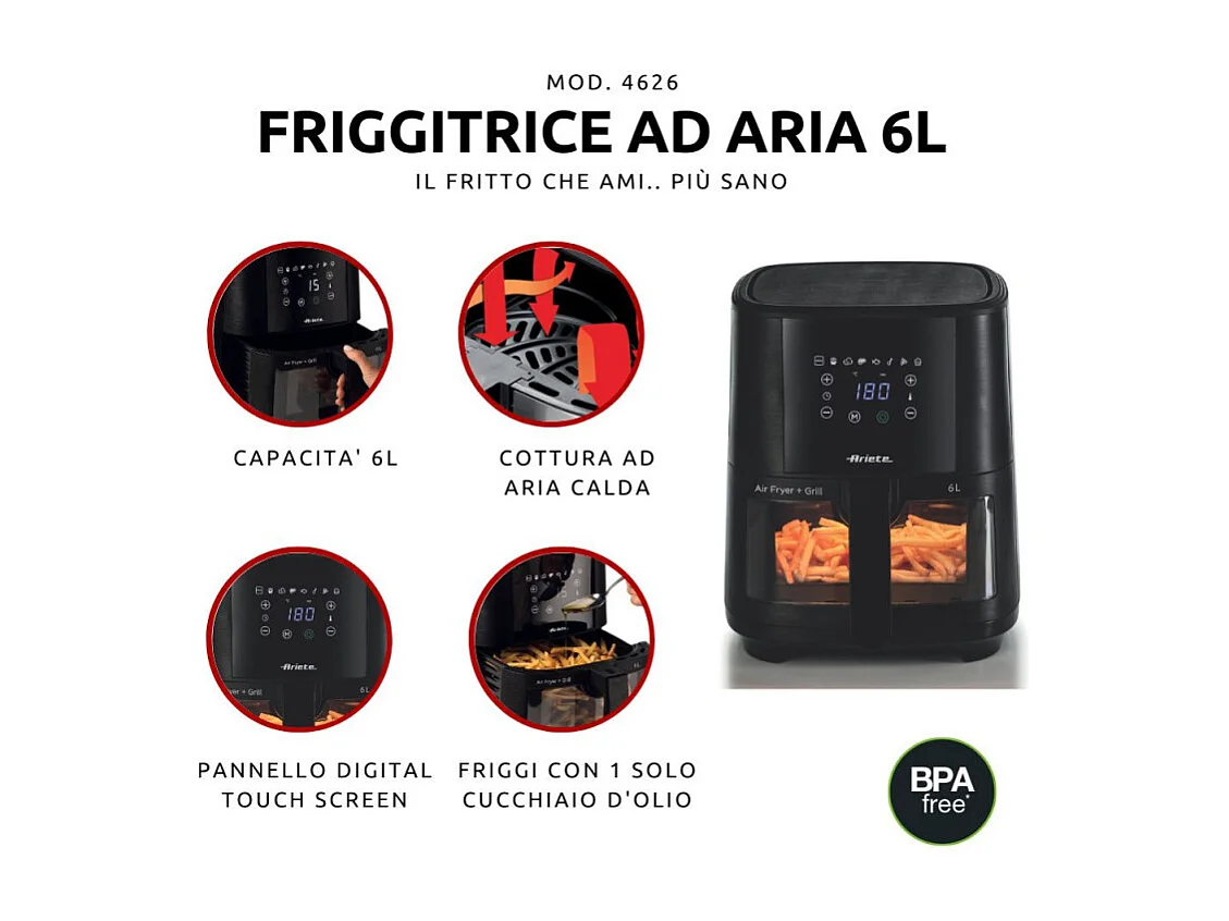 Friteuse à air Ariete 4626 Airy Fryer 1300 W 8 programmes 6 L Noir