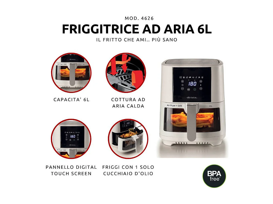 Friggitrice ad aria 6L 1300W - 8 programmi - Cestello trasparente - Bianco