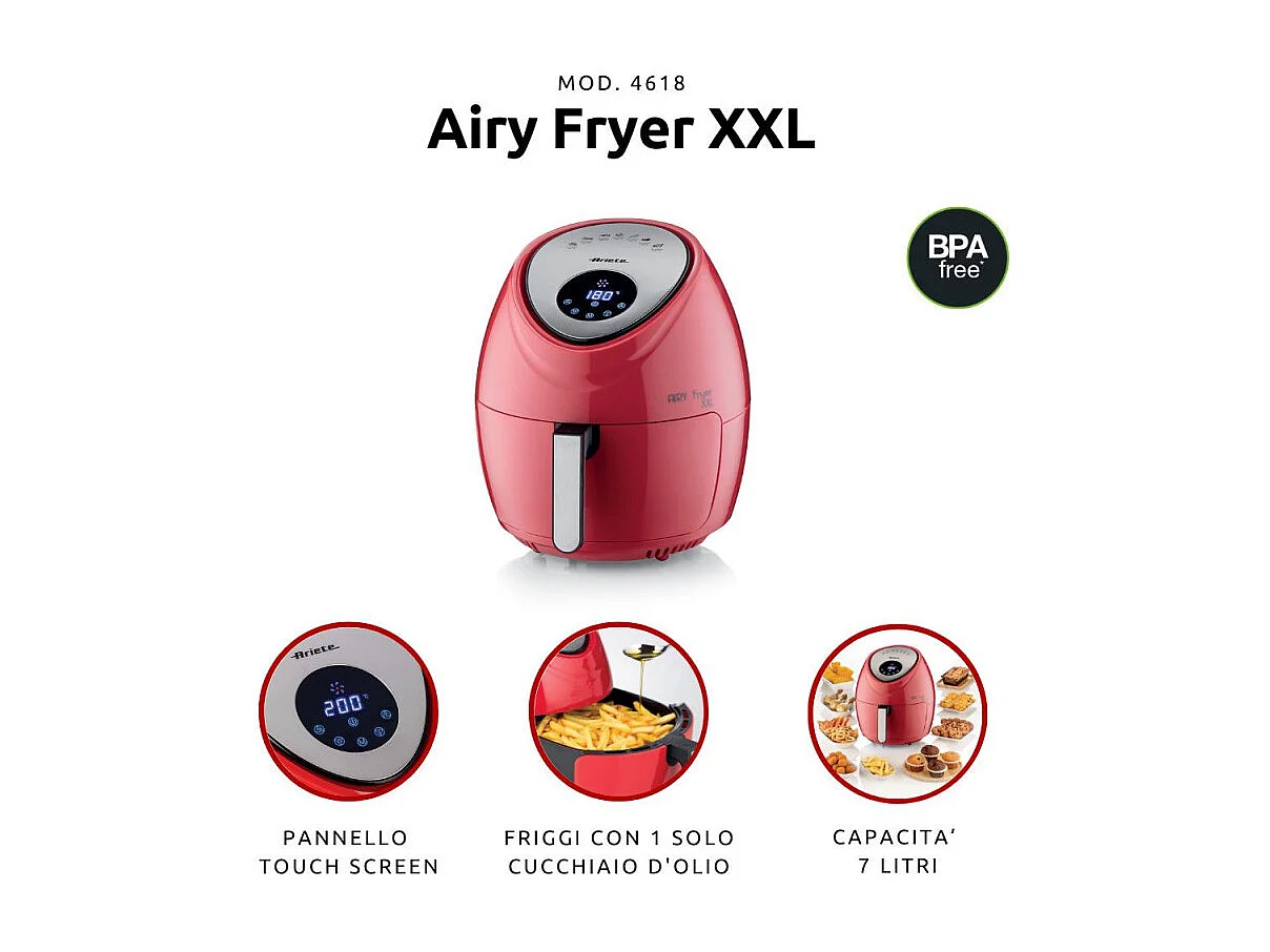 Friggitrice ad Aria XXL - 7 Litri - Cottura Senza Olio - 1800 Watt - Rosso