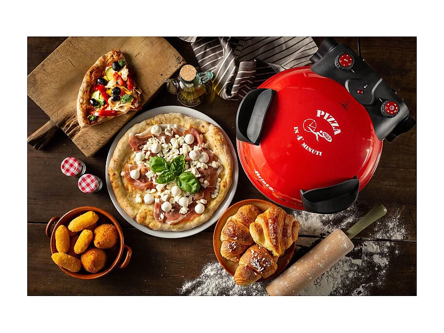 Four à Pizza électrique rouge - Pierre réfractaire - 1200W Ø 33 cm - Température max 400°C