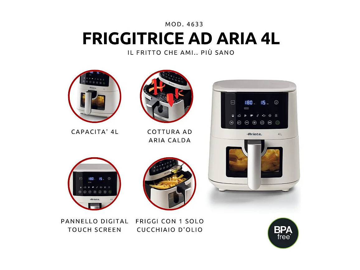 Friggitrice ad aria 4L 1400W - 9 programmi - Funzione Shake e Grill - Bianco