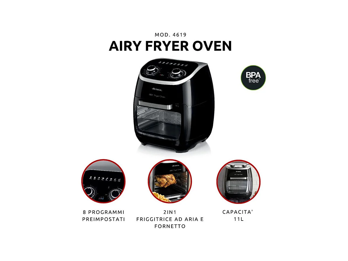 Friggitrice ad Aria e Forno con Girarrosto - 2000 Watt - 11 Litri - Nero