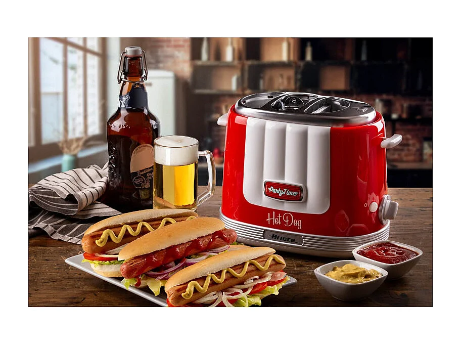 Macchina per Hot Dog 650W, 4 spazi di cottura, 5 livelli di cottura, espulsione automatica - Rosso
