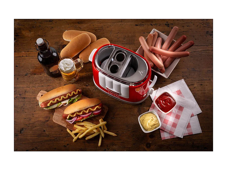 Macchina per Hot Dog 650W, 4 spazi di cottura, 5 livelli di cottura, espulsione automatica - Rosso