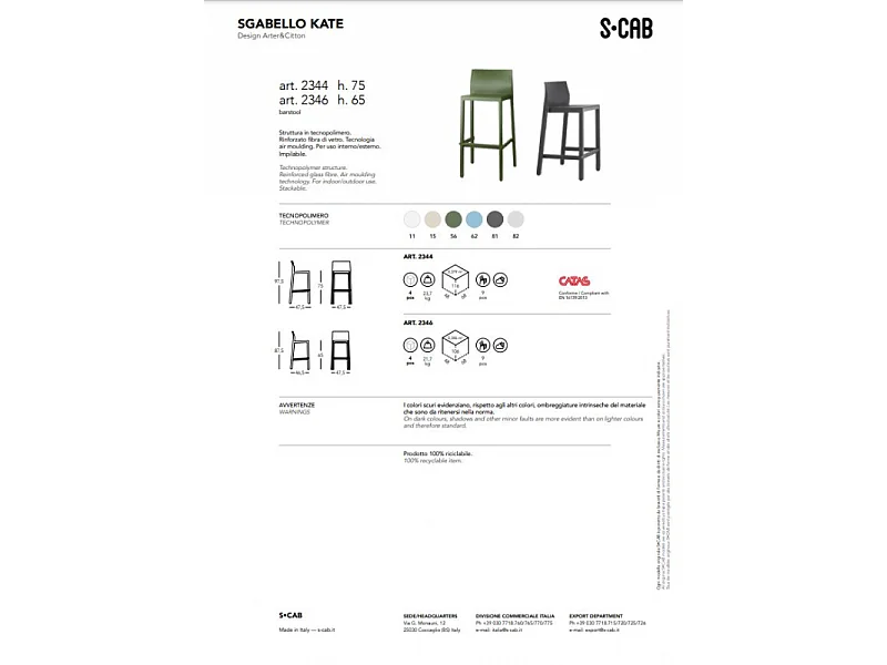 SET 4 SGABELLI KATE TECNOPOLIMERO HT 75CM MADE IN ITALY SCAB DESIGN - Lino 11
