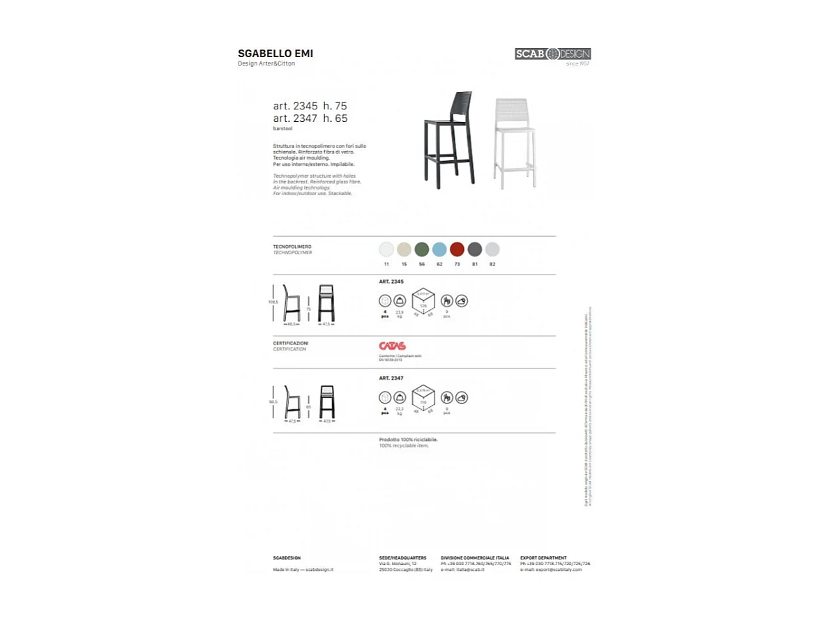 SET 4 SGABELLI EMI TECNOPOLIMERO HT 65CM MADE IN ITALY SCAB DESIGN - Antracite 81