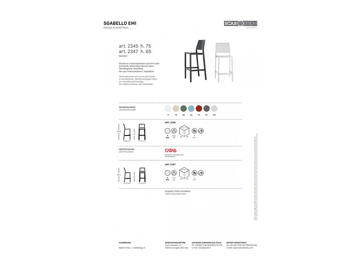 SET 4 SGABELLI EMI TECNOPOLIMERO HT 65CM MADE IN ITALY SCAB DESIGN - Lino 11