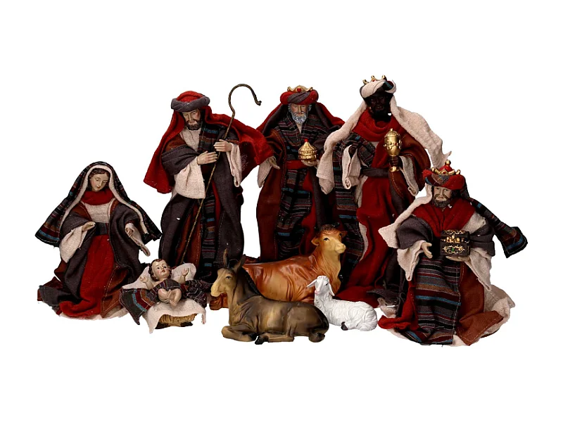 Presepe tessuto set 9pz rosso cmh25,5